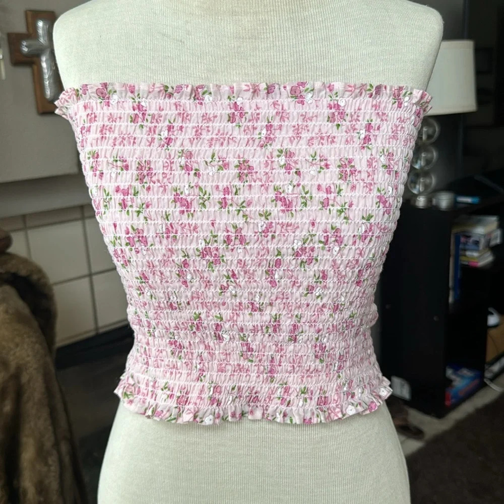 Surgical stretch pink tiny rosette flower elastic Velcro tube top by Dr release